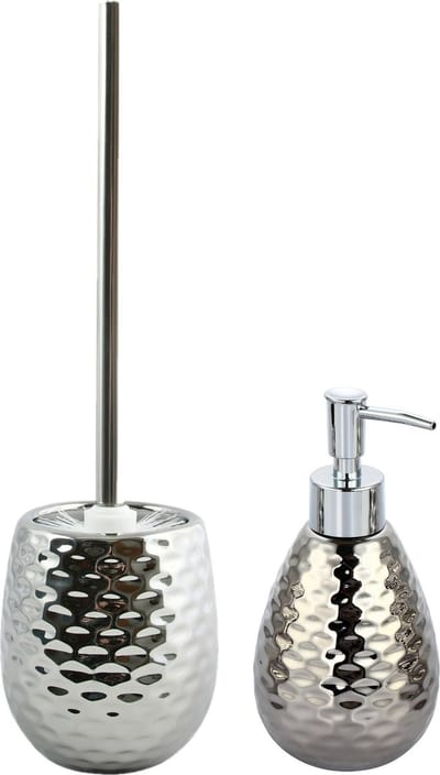 MSV Toiletborstel in houder 41 cm/zeeppompje 260 ml set Phoenix - Polyresin/rvs - gehamerd zilver
