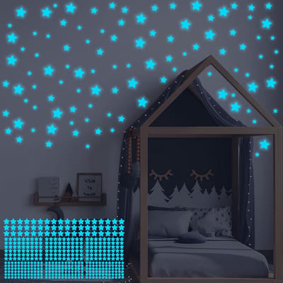 Famanu - 432PCS Lichtgevende Stickers, 3D Fluorescerende Sterren Plafonddecoratie, DIY Zelfklevende Gloeiende Sterren Muurstickers voor Baby's Slaapkamer, Kinderkamer, en Woonkamer Decoratie (Blauw)