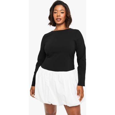 boohoo Dames plus bengaline contrast puffball mini jurk | Black | Maat: 16