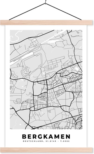Posterhanger incl. Poster 40x60 cm - Schoolplaat - Bergkamen- Stadskaart - Plattegrond - Duitsland - Kaart - Textielposter - Blanke latten - Stadskaart