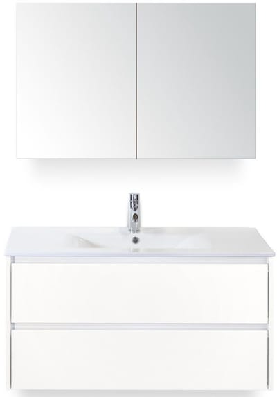 Dante Badmeubelset 100 cm - Wit Hoogglans - Keramische Wastafel Wit Enjoy met Spiegelkast