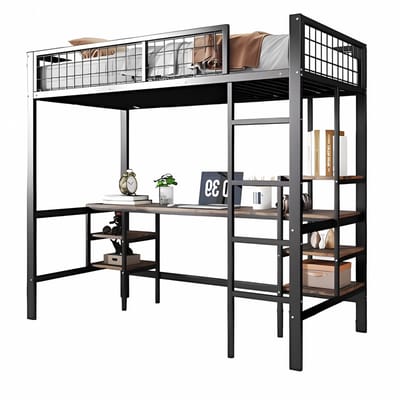 Hoogslaper Retro Valora - Luxe hoogslaper voor kinderen - 90x200 cm - Met bureau - Kinderbed - Stapelbed - Met Hoektrap, valbeveiliging en raam - Peuterbed