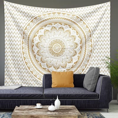 Wandtapijt, groot, 200 x 150 cm, mandala, wandtapijt, doek, boho, hippie, bohemien, deken, zon en maan, wandkunst voor woondecoratie, slaapkamer, slaapzaal, woonkamer, strand (mandala D)