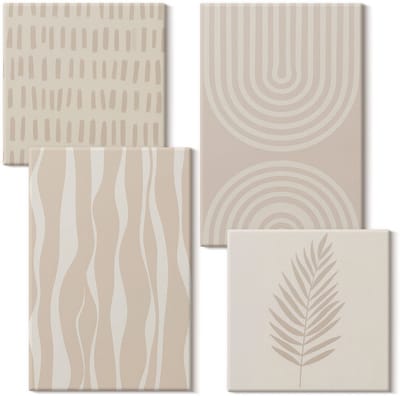 Wallfluent Set van canvas schilderijen - Patronen in beige tinten met plantenmotieven Canvas Schilderijen Set - Set van 4 Canvas Schilderijen - Beige Set van Canvas Prints - Texturen Canvas Kunst Set - Boheemse Canvas Kunst Set