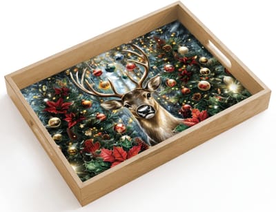 Dienblad hout 40x30 cm - Schootdienblad - Kerstfeest - Dennenbos - Rood - Borrelplank rechthoek - Plateau dienbladen