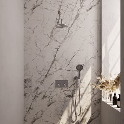Brauer Brushed Edition thermostatische inbouw regendouche met drukknoppen SET 57 met 20 cm douchekop en gebogen muurarm en 3-standen handdouche en doucheslang en wandaansluitbocht RVS geborsteld PVD