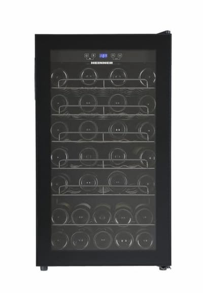 Heinner HRV-A118DRM40 Wijnkoelkast – 118 L – Geschikt voor 40 Flessen – LED-display – 5+1 Verchroomde Metalen Leggers – Omkeerbare Deur – Zwart