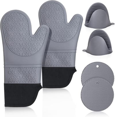 pannenlappen siliconen set: kookhandschoenen, hittebestendig, extra lang, antislip ovenhandschoenen, keukenhandschoenen voor koken, bakken, grillen, mannen en vrouwen