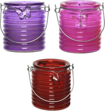Citronella windlicht met kaars - 3x - paars/roze en rood - 20 branduren - citrusgeur