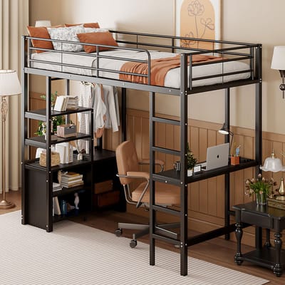 STILVORA Hoogslaper 90x200 Cm - Kinderhoogslaper Met Veiligheidsbeugel, Bureau En Meerdere Regalen - Metaal - Zwart