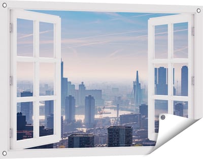 Gards Tuinposter Doorkijk Rotterdamse Skyline - 90x60 cm - Tuindoek - Tuindecoratie - Wanddecoratie buiten - Tuinschilderij