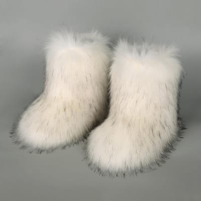 Dames Faux Fur Laarzen Winter Pluizige Pluche Warme Middenkuit Sneeuwlaarzen Luxe Mode Furry Laarzen Comfortabele Outdoor Platte Schoenen 36 white