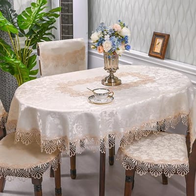 Ovale tafelkleed wit satijnen geborduurde vouw theetafel Europa eettafelhoes tafelkleed tafel kant stofhoes stoelhoes 155X215cm Oval