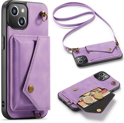 Casemania Hoesje Geschikt voor Apple iPhone 13 - Bright Lila - Luxe Backcover met Koord en Magnetische Sluiting - Portemonnee Wallet Case met Pasjeshouder en Opbergvak - Lanyard Telefoonhoes - Cord Case