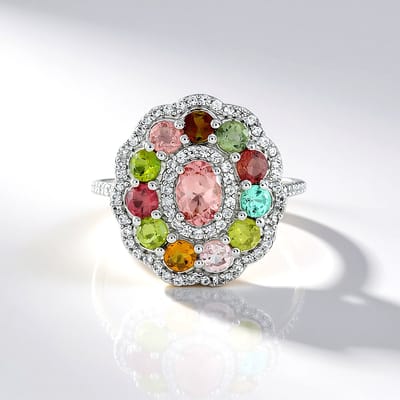 Cavill - Zilveren ring 0,523 ct roze ovale toermalijn & 2,622 ct kleurrijke toermalijn - 18K goud verguld - Bloemdesign dames ring