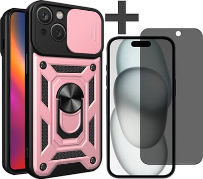 Hoesje met Privacy screenprotector Geschikt voor iPhone 15 met Ringhouder en Camera schuifje - Arara backcover - Rosegoud