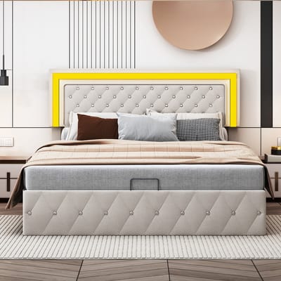 Velvet Opbergbed 140x200 met LED Hoofdbord – Gestoffeerd Tweepersoonsbed – Beige