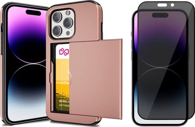 Hoesje met Pasjeshouder geschikt voor iPhone 14 Pro - Privacy Screen Protector FullGuard - Back Cover SlideCase Roségoud & Screenprotector