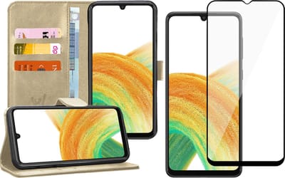 Hoesje geschikt voor Samsung Galaxy A33 - Book Case Kunstleer Wallet Cover Portemonnee Pasjeshouder Hoes Goud - Full Tempered Glass Screenprotector