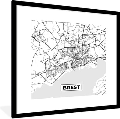 Fotolijst incl. Poster Zwart Wit- Kaart - Brest - Plattegrond - Frankrijk - Stadskaart - Zwart wit - 40x40 cm - Posterlijst