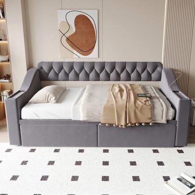 VVBV Slaapbank 90x190 cm met Lades, USB - Planken, Opbergruimte - Fluweel Donkergrijs/Grijs