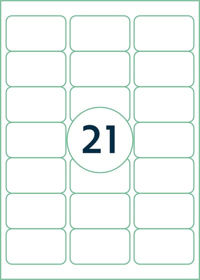 Rillprint etiketten – stickervellen A4 - 2100 stickers - 100 vel - 21 stickers per vel -  sticker formaat 63,5 x 38.1 mm -  universeel zelfklevende etiketten - geschikt voor alle kopieermachines, Laser en Inkjet -printers