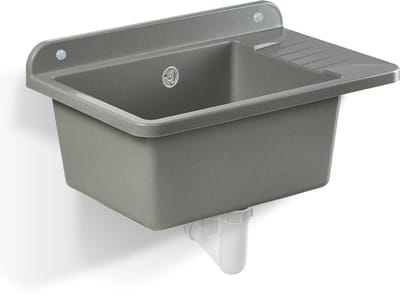 GOSPO Spoelbak van polypropyleen, 50,5 x 34 x 26,5 cm, huishoudelijke spoelbak, spoelbak met professionele sifon en installatieset, wastafel (grijs)
