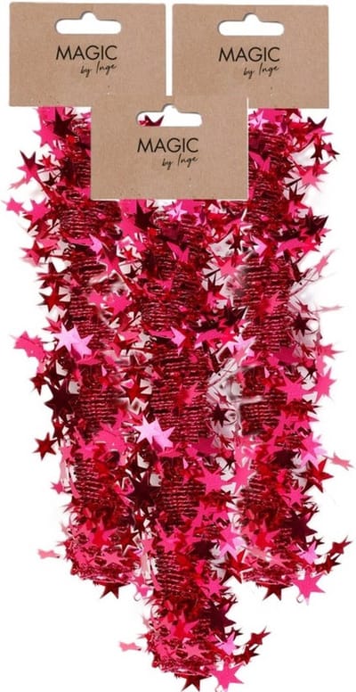 Inge Christmas Goods Spiraal kerstslingers - 3x - rood -folie - 750 cm- sterren -kerstboomslingers