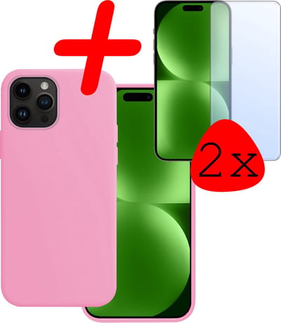 Hoesje Met 2x Screenprotector - Geschikt voor Apple iPhone 15 Pro - Sterk & Shockproof - Back Cover - Siliconen Case - Telefoon Hoes - Lichtroze