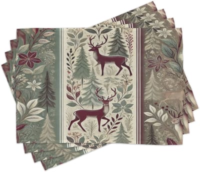 ABAKUHAUS placemats, klassieke vintage hertenblad, wasbare stoffen eettafel keukentafeldecoratie digitale print, frambozen-saliegroen
