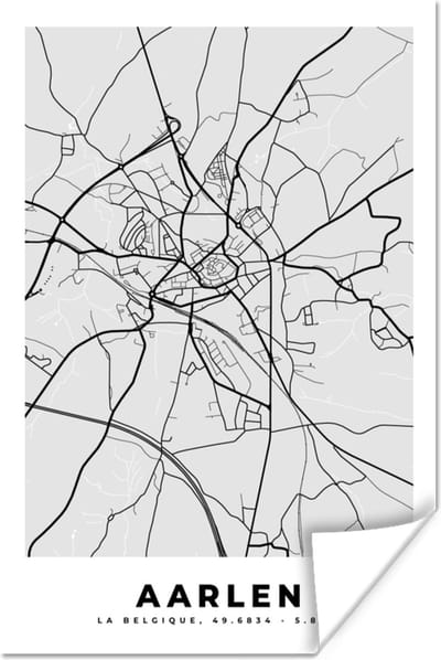Poster Zwart Wit – België – Plattegrond – Stadskaart – Kaart – Aarlen - 120x180 cm XXL
