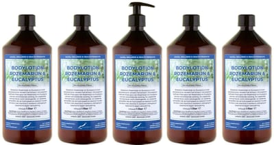 Bodylotion Rozemarijn & Eucalyptus 1 Liter - met gratis pomp - set van 5 stuks - Voordeelverpakking