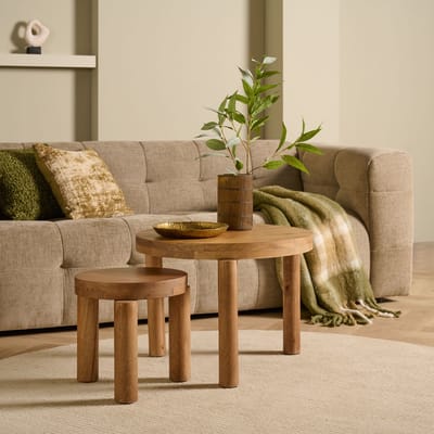 Salontafel Set Caen - Mangohout - Naturel - 60x35x60 / 35x45x35 cm (BxHxD) - Kleur Raw Natural