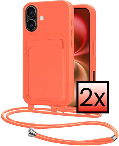 Hoes Geschikt voor iPhone 16 Plus Hoesje Pasjeshouder Cover Met Koord Case Siliconen Hoes Met Telefoonkoord en Kaarthouder - Papaya - 2 PACK