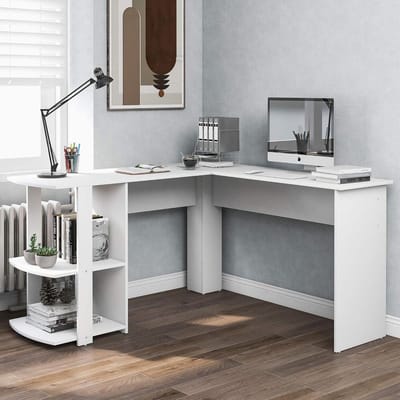 L-vormig hoekbureau voor thuiskantoor, gaming pc, laptop, studiewerkstation, eenvoudige montage, groot computerbureau met speeltafel (wit)