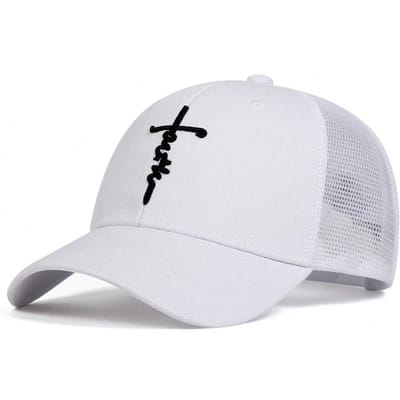 Casquettes en maille de baseball unisexes avec broderie en forme de croix et de lettres, pour le printemps et l'été, réglables, décontractées, chapeau anti-soleil white