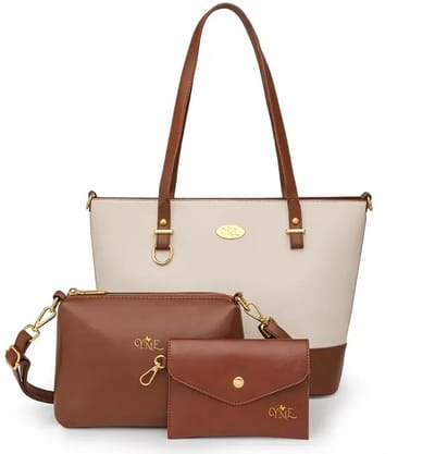 Bovista Handtas Dames - Schoudertas - School - Shopper - Schooltas - Werktas - 3-Delige Set - Wit/Koffie