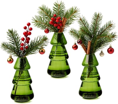 Kleine glazen vazen, set van 3 kleine vazen voor tafeldecoratie, Kerstmis, bruiloft, vintage stijl, decoratieve vaas in dennenboomvorm, mini glazen vaas, bloemen, tafel, groen