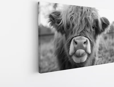 Saammp - Canvas Schilderij - Schotse Hooglander Kalf - Zwart-Wit - Dieren - Landschap - 45x30 - Foto op canvas - Wanddecoratie - muurdecoratie Woonkamer - Slaapkamer decoratie - Canvas Print