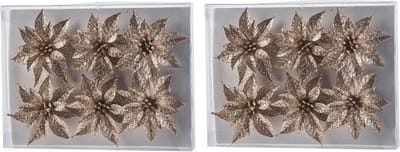 Cosy & Trendy Bloemen op clip - 18x st - champagne - glitter - 8 cm - kerstversiering - kerstbloemen