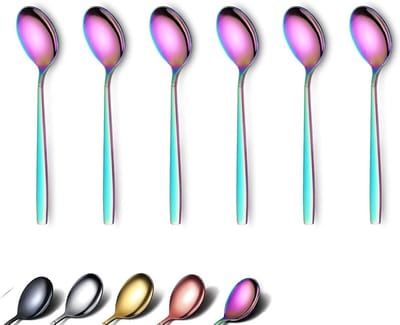 Set van 6 Regenboog Dessertlepels van 16 cm, Glanzend Titanium Roestvrij Staal, Vaatwasserbestendig Bestek voor Taart en Toetjes