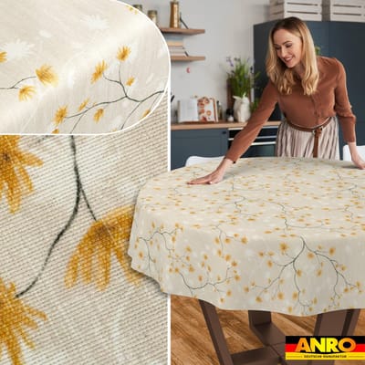 ANRO Tafelkleed Bloemen en vogels Beige Rond Ø140cm Rechte rand Afwasbaar Waterafstotend