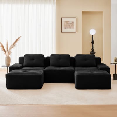 MODFU Modulaire Bank - Diepe Zitting En Montagevrij - Minimalistisch - Voor Woonkamer - Ribfluweel - Zwart