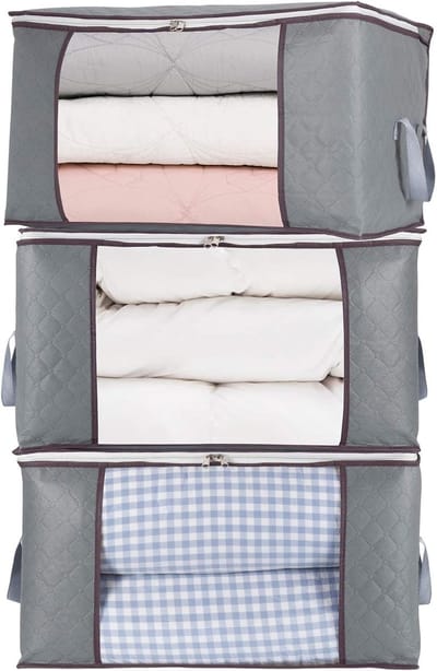 KZQ Drie opbergtassen met ritssluiting, geschikt voor het opbergen van extra grote donzen dekbedden, kussens, quilts, beddengoed, kleding en dekens.