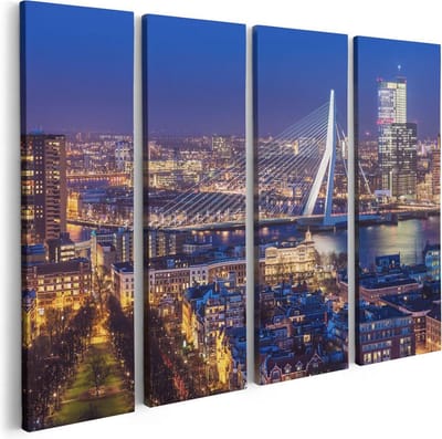 Artaza Canvas Schilderij Vierluik Rotterdamse Skyline Met De Erasmusbrug  - 80x60 - Foto Op Canvas - Canvas Print