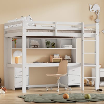 MEUNIQ Hoogslaper 90x200 cm met bureau, 4 lades en 4 open vakken, kinderbed met trap en hoge uitvalbeveiliging, wit, voor kinderkamer en studiehoek