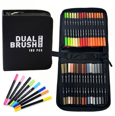 Markeerstiftenset - Aquarelstiften - Gekleurde pennen - Dubbelzijdige aquarelstiften – 100 kleuren - Inkt op waterbasis - Geschikt voor tekenen, kalligrafie en journaling - Inclusief opbergtas - Zwart
