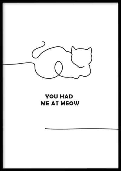Poster Meow - 30x40 cm met Fotolijst - Line art poster - Kinderkamer poster - Ingelijst - WALLLL