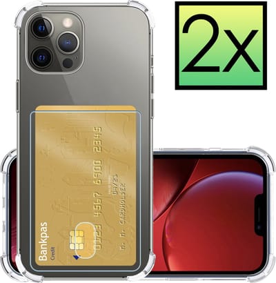 Hoesje - 2 Stuks - Geschikt voor Apple iPhone 14 Pro - Met Pashouder en Kaarthouder - Telefoon Hoes Shockproof - Siliconen Case - Back Cover - Shock Proof - Pasjes Houder - Transparant