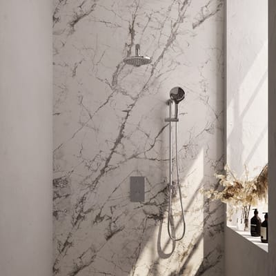 Brauer Chrome Carving thermostatische inbouw regendouche 3-weg omstelling SET 43 met 20 cm douchekop en rechte muurarm en 3-standen handdouche en doucheslang en geïntegreerde glijstang chroom